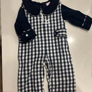Navy and White Checkered Baby Boy Romper with L initial